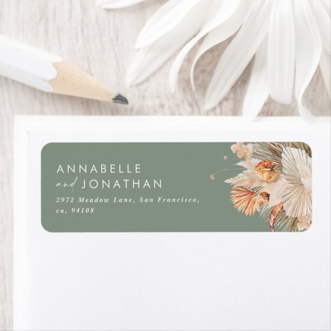 Rustik pampas gräs blommigt terracotta sage grönt returadress etikett (Insitu)