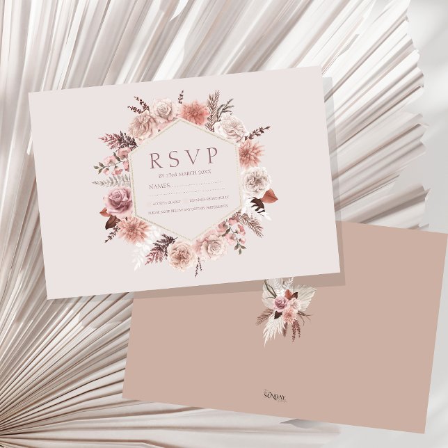 Rustik Pampas Grass WAN Bröllop OSA Kort (Boho Dusty Pink Dried Flowers Wreath Wedding RSVP Card)
