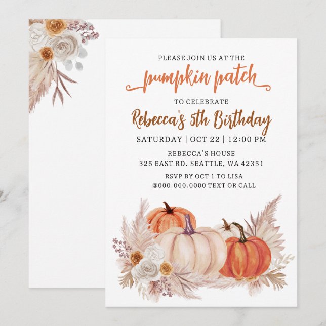 Rustik Pampas Orange Pumpafält Höst Födelsedag Inbjudningar (Fram/baksida)