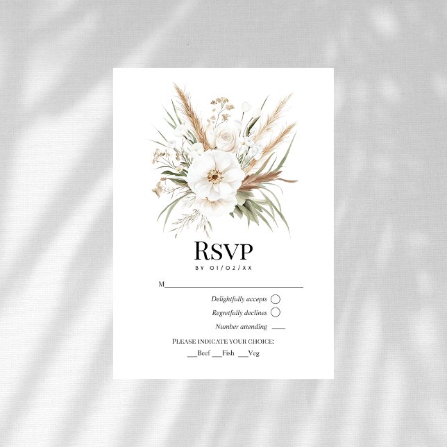 Rustik Pampasgräs Vit Blommig Boho Bröllop OSA Kort (Rustic Pampas Grass White Floral Bohemian Wedding RSVP Card)