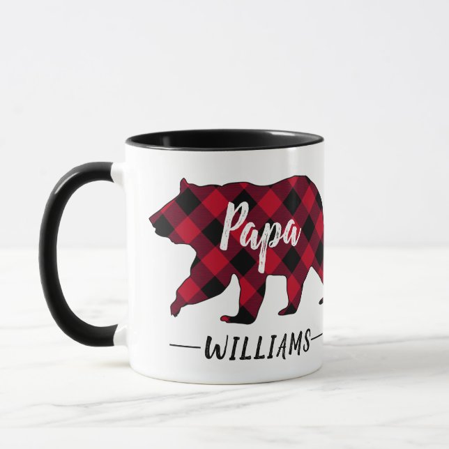 Rustik Pappa Bear Monogram Namn Red Buffalo Plaid Mugg (Vänster)