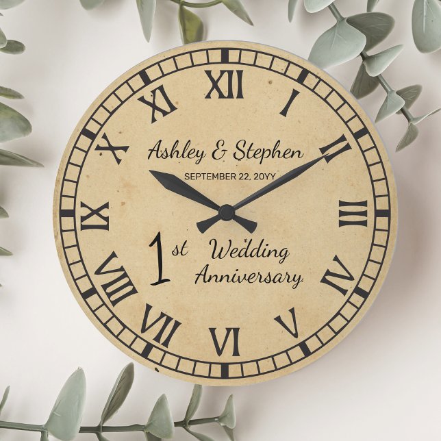 Rustik Papper titt 1:a Bröllop-årsdagen Stor Klocka (Rustic Paper-Look 1st Wedding Anniversary Large Clock)