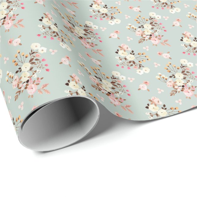 Rustik Pastell Akvarell Blommig Bukett Mönster Presentpapper (Rullad Hörn)