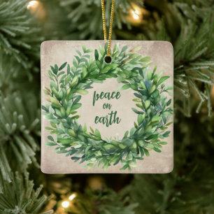 Rustik Peace on Earth Boxwood Watercolor Helgdag Julgransprydnad Keramik