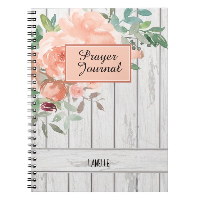 Rustik  Peach Blommigt Wood Namn Prayer Journal Anteckningsbok (Framsidan)