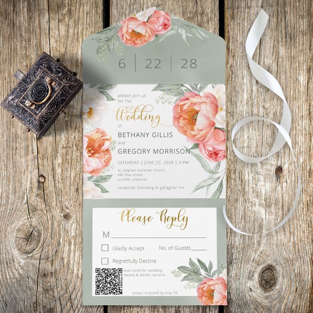 Rustik  Peach & White Peonies QR-kod (Also available without a QR code.)
