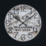 Rustik Personlig Grått Wood Anpassningsbar Rund Klocka<br><div class="desc">En vacker, unik, naturnära personlig-design har ett faux-rustic grått-trä med svartfärgning av hans och hennes namn i en teckenövertäckningsdesign och det efternamn och år som fastställts i ett fet skript med tryckt träeffekt som bakgrund. Anpassa klockan genom att lägga till din personliga information. Gör ett underbart bröllop, en årsdag eller...</div>
