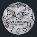 Rustik Personlig Grått Wood Anpassningsbar Stor Klocka<br><div class="desc">En vacker, unik, naturnära personlig-design har ett faux-rustic grått-trä med svartfärgning av hans och hennes namn i en teckenövertäckningsdesign och det efternamn och år som fastställts i ett fet skript med tryckt träeffekt som bakgrund. Anpassa klockan genom att lägga till din personliga information. Gör ett underbart bröllop, en årsdag eller...</div>