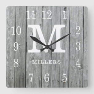 Rustik Personlig Grått Wood Farmhouse Monogram Fyrkantig Klocka