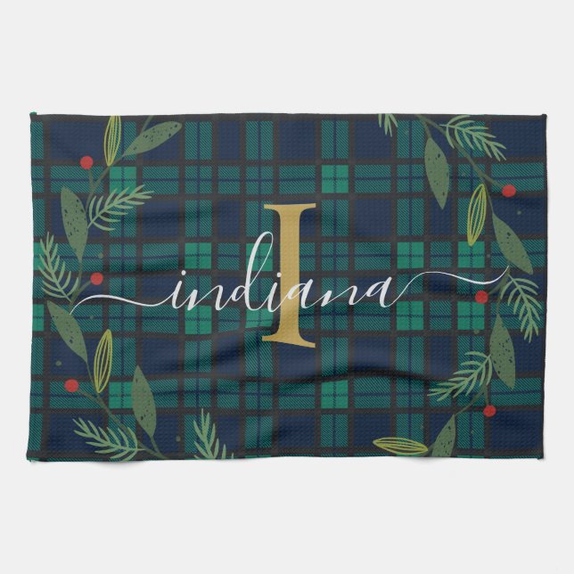 Rustik Plaid Monogram Skript Krans Tartan Kökshandduk (Horisontell)