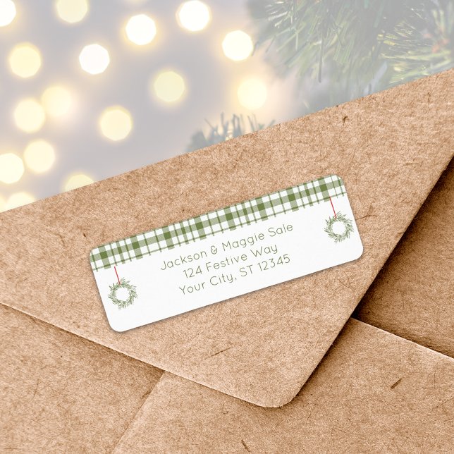 Rustik Play-jul-adressetikett för utandningsadress Returadress Etikett (Rustic Plaid Christmas Wreath Return Address Label
)