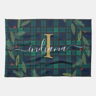 Rustik Play Monogram Script-utandning Tartan Kökshandduk