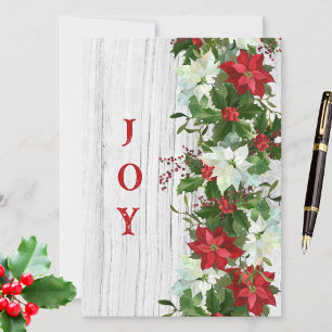 Rustik Poinsettia Girlang på gammal vit träyta Julkort