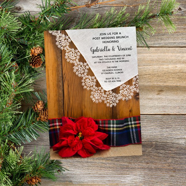 Rustik Poinsettia Plaid Vinter Efter Bröllops Brun Inbjudningar (Set a festive tone for your December wedding with this wintery Save the Date Announcement Card.)
