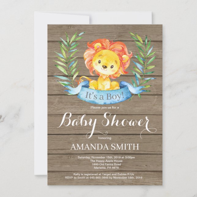 Rustik pojke lejon baby shower inbjudan (Framsida)