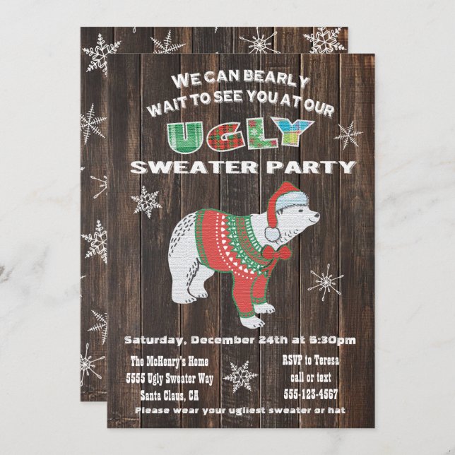 Rustik Polar Bear Ugly Sweater Party Inbjudningar (Fram/baksida)