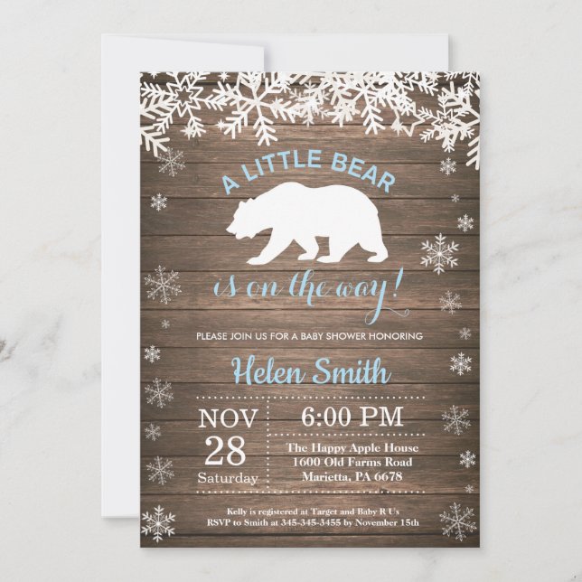 Rustik Polar Bear Winter Boy Shower Inbjudningar (Framsida)