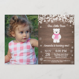 Rustik Polar Bear Winter Girl Birthday Photo Inbjudningar