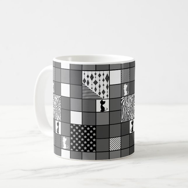 Rustik, Populär, Svart och vit, Lappteknik, Enkel Kaffemugg (Framsida vänster)