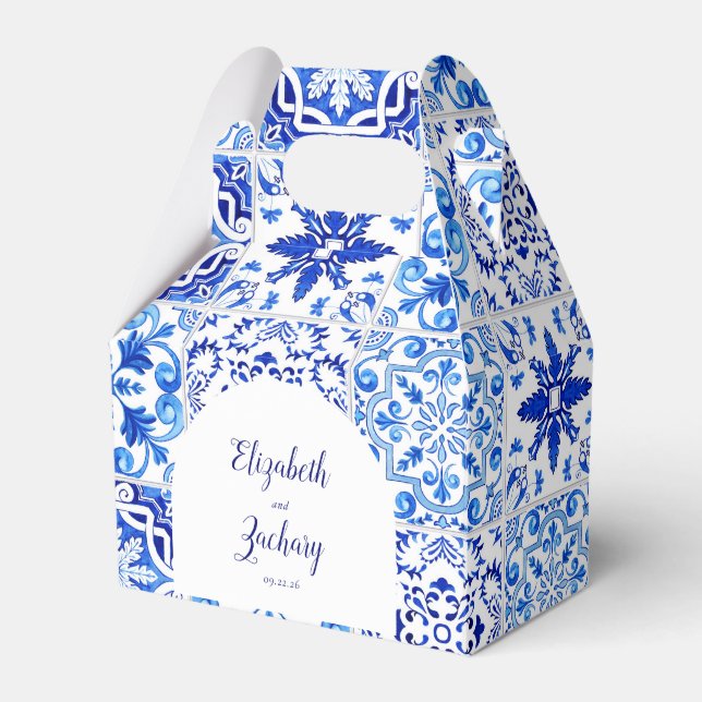 Rustik portugisisk Tiles Blue White Arch Bröllop Presentaskar (Framsidan Sidan)