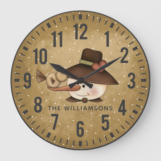 Rustik Primitive Snögubbe Personlig Stor Klocka (Framsida)