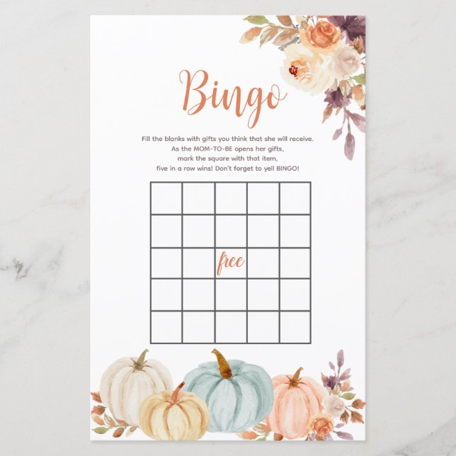 Rustik Pumpa Blommig Akvarell Bingo Spel (Framsida)