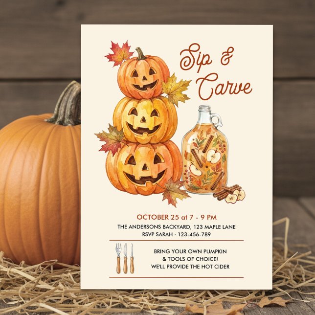 Rustik Pumpa-Skära-Och-Drick-Party Inbjudningar (Sip & Carve Halloween Invitation by Darling & May)