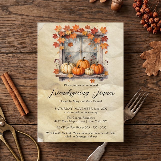 Rustik pumpafönster Höst Friendsgiving Middag Inbjudningar (Skapare uppladdad)