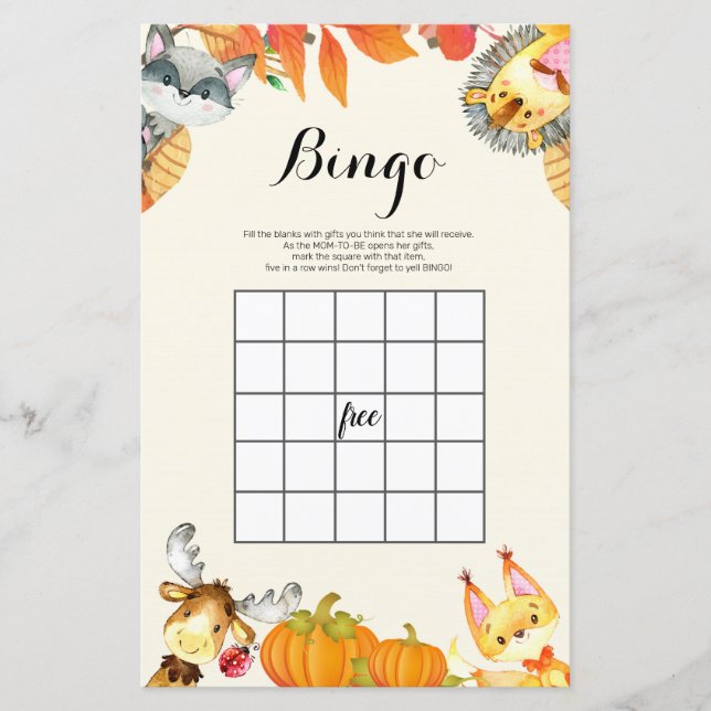 Rustik Pumpkin Animal Watercolor Bingo Game (Framsida)