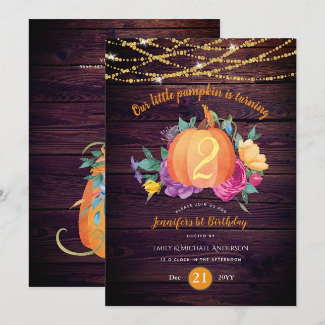 Rustik Pumpkin ANY Birthday Watercolor FALL Modern Inbjudningar (Fram/baksida)