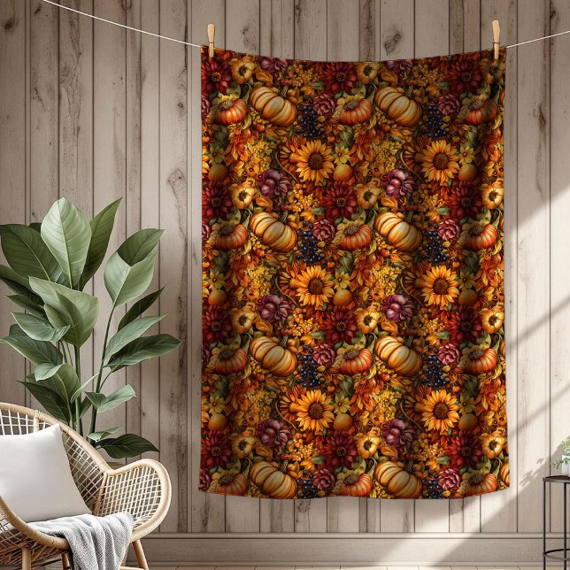 Rustik Pumpkin & Blommigt Mysigt atmosphere för hö Fleecefilt (Rustic Pumpkin & Floral Cozy Autumn Atmosphere Fleece Blanket)