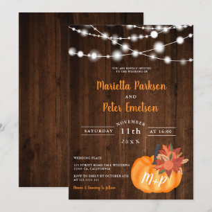 Rustik pumpkin blommigt wood ljus faller bröllop inbjudningar
