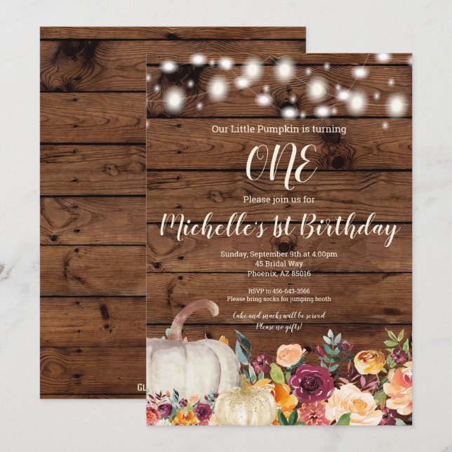 Rustik Pumpkin Burgundy Guld flicka första födelse Inbjudningar (Fram/baksida)