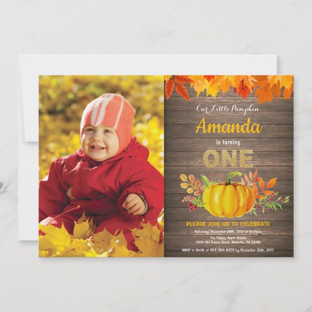 Rustik Pumpkin Fall första födelsedag Guld Inbjudningar (Framsida)