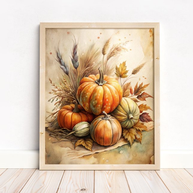 Rustik Pumpkin & Höst löv Boho Fall Wall Art Poster (Rustic Pumpkin & Autumn Leaves Boho Fall Wall Art in a neutral wooden frame on the floor)