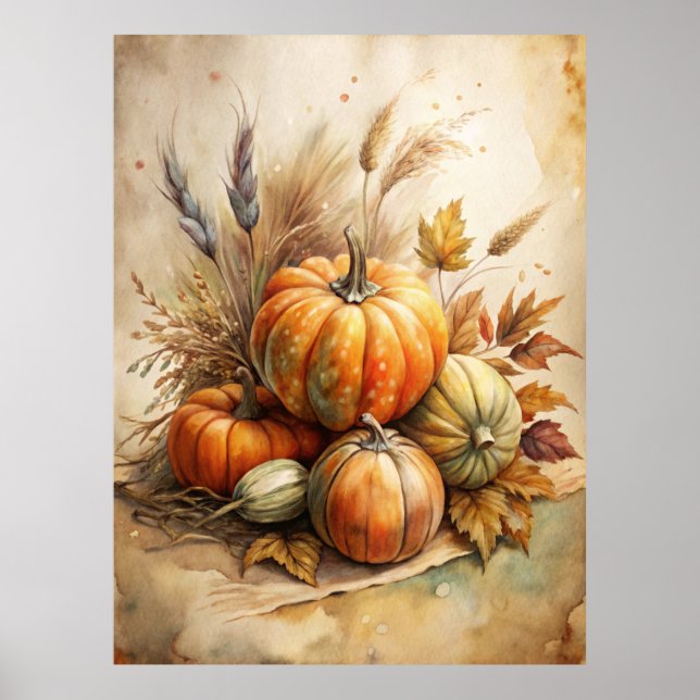 Rustik Pumpkin & Höst löv Boho Fall Wall Art Poster (Framsidan)
