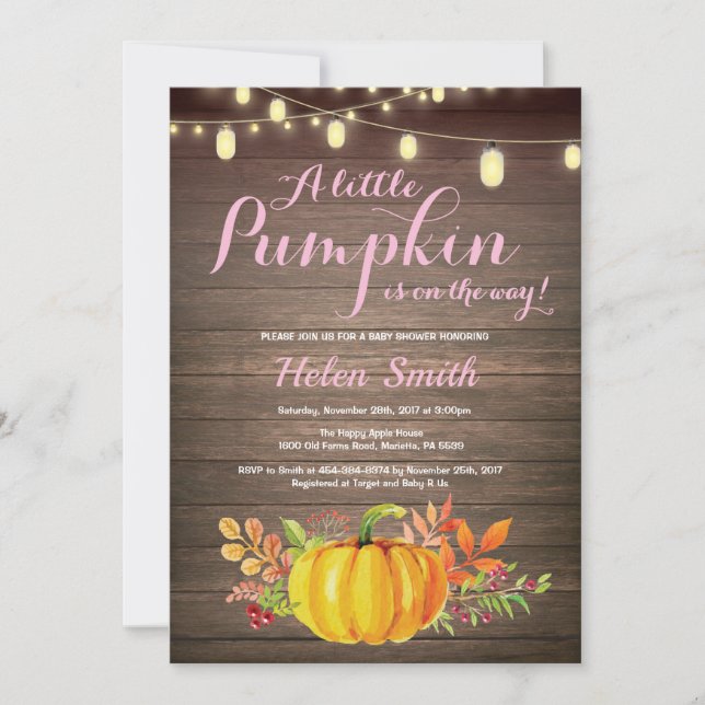 Rustik Pumpkin Mason Burk String Ljus Baby Shower Inbjudningar (Framsida)