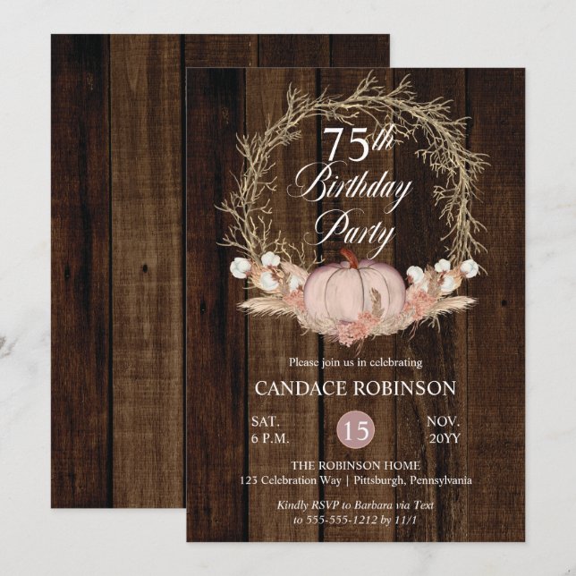 Rustik Pumpkin Pampas Wandeans 75:e Födelsedagsfes Inbjudningar (Fram/baksida)