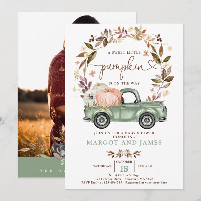 Rustik Pumpkin Pickup Lastbil Sage Grönt Baby Show Inbjudningar (Fram/baksida)