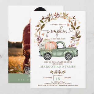 Rustik Pumpkin Pickup Lastbil Sage Grönt Baby Show Inbjudningar