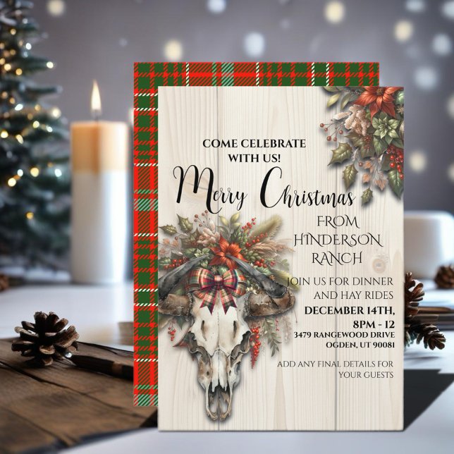 Rustik Ranch-jul med Cow Skull Inbjudningar (Enjoy this Festive Christmas design! Personalize with your favorite holiday event or greeting. )
