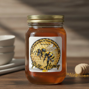 Rustik realistisk honungsbi och bikake Apiary-burk Fyrkantigt Klistermärke
