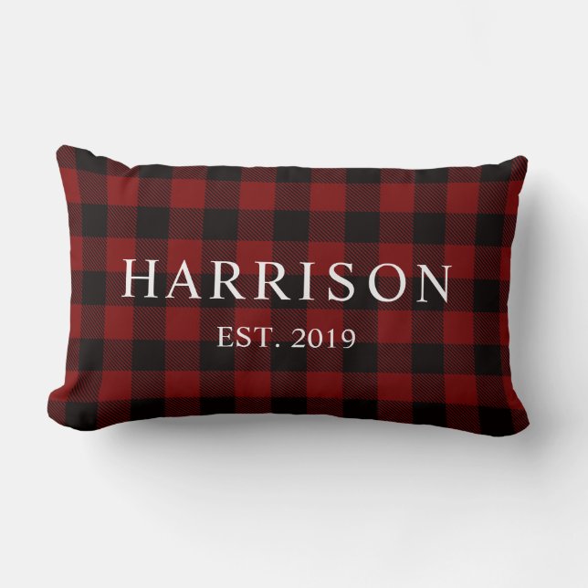 Rustik Red Buffalo Plaid Modern Namn Lumbarkudde (Framsida)