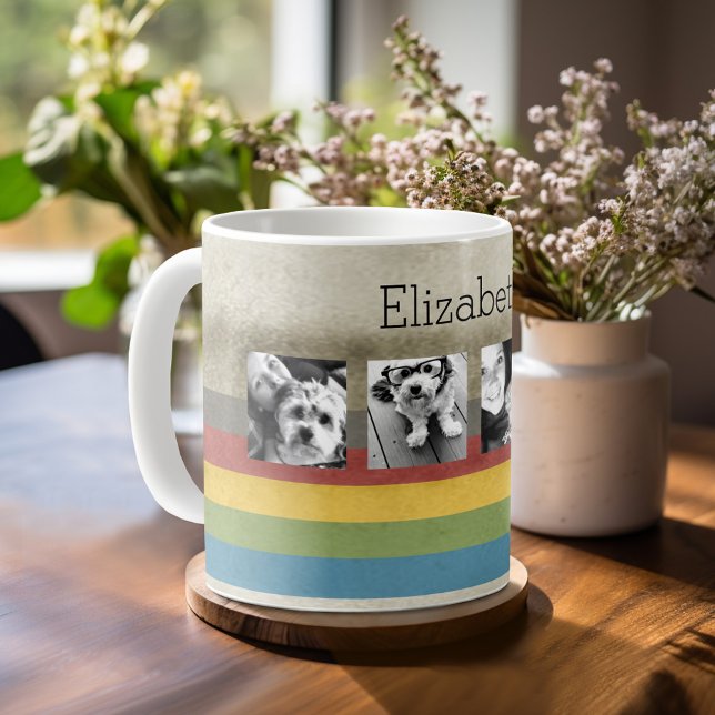 Rustik Regnbåge Hipster 4 Foto Anpassad Kollage Kaffemugg (Mug template with a place for photos and custom text)