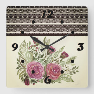 Rustik retro beige sepia vattenfärgsblommor röd el fyrkantig klocka