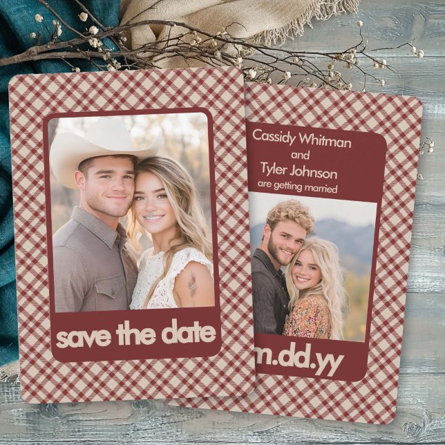 Rustik Retro Brun Gingham Western Multi Foto Spara Datumet (Winter save the date with two photos, red-brown plaid and bold typography by Darling & May)