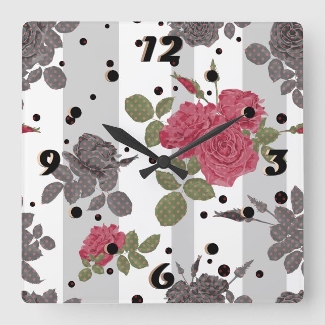 Rustik retro grått vit strimlad blomma röd ros fyrkantig klocka (Framsida)