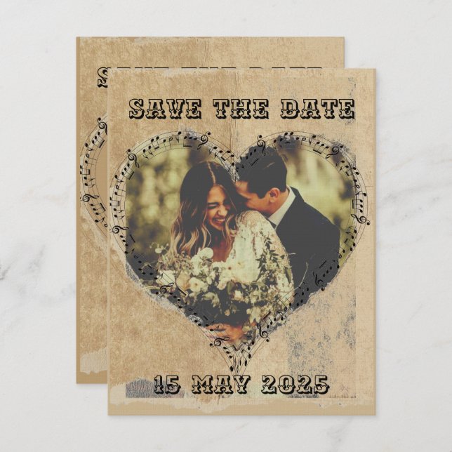 Rustik Retro-skrift med hjärta med musiknoter ram Spara Datumet (Fram/baksida)
