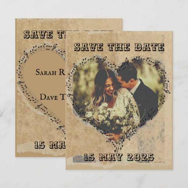 Rustik Retro-skrift med hjärta med noter ram Spara Datumet (Fram/baksida)