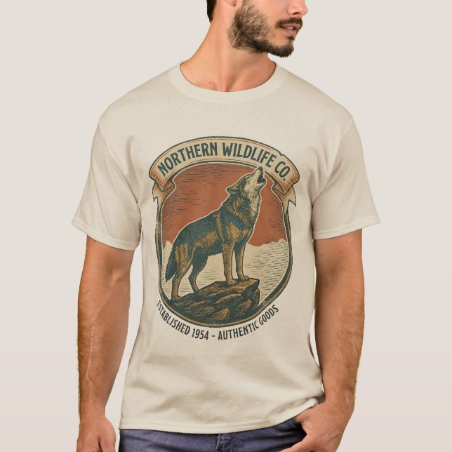 Rustik Retro Varg som ylar Naturälskare T Shirt (Framsida)